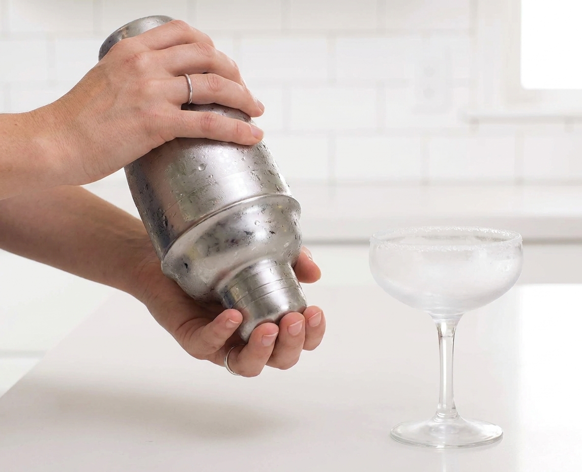Hands shaking a stainless steel cocktail shaker over a bright kitchen counter with a chilled coupe glass nearby