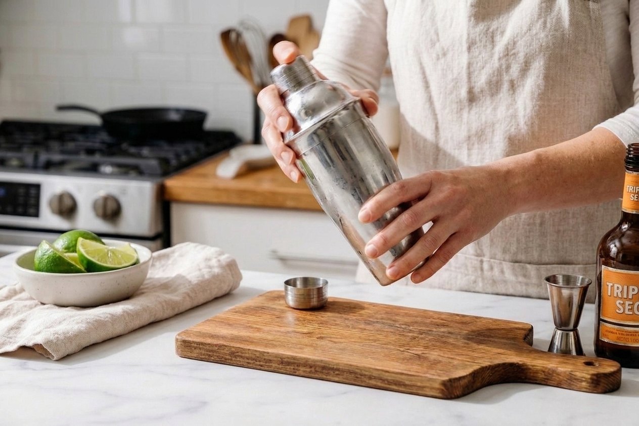 Hands shaking a stainless steel cocktail shaker over a kitchen counter under warm, even lighting