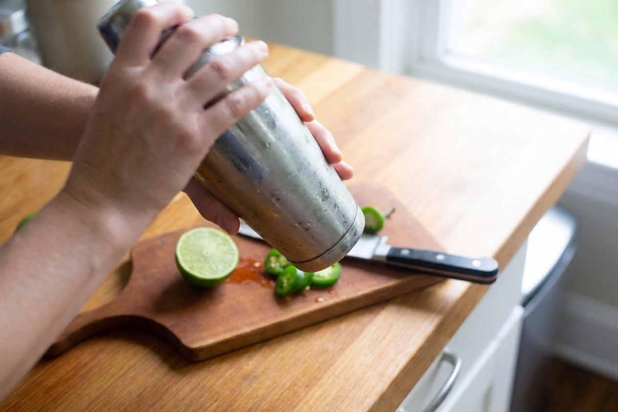 Hands shaking a stainless steel cocktail shaker over a kitchen counter with a cut lime and jalapeño nearby