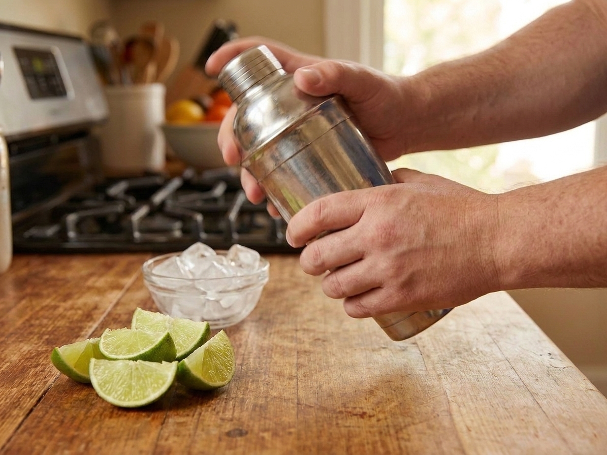 Hands shaking a stainless steel cocktail shaker over a kitchen counter with cut limes and a small bowl of ice nearby