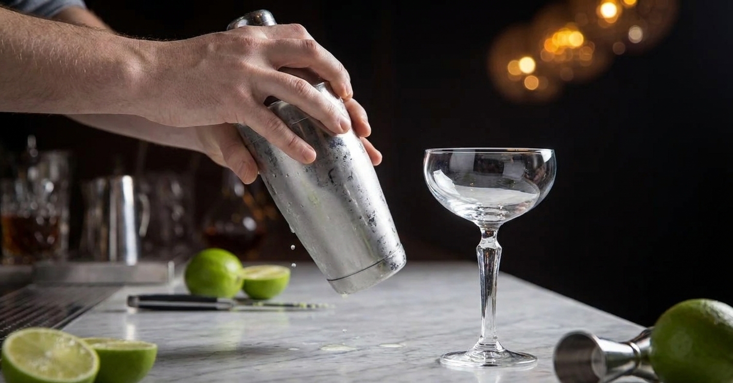 Hands shaking a stainless steel cocktail shaker over a kitchen counter with a coupe glass waiting nearby