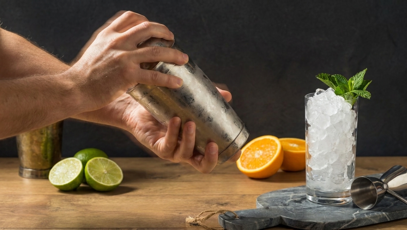 Hands shaking a stainless steel cocktail shaker over a kitchen counter with citrus halves and a tall glass of crushed ice nearby