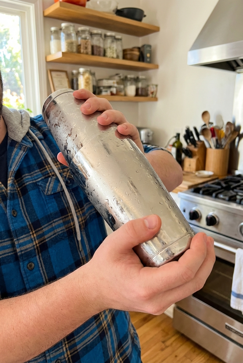 Hands shaking a stainless steel cocktail shaker with condensation forming on the outside in a home kitchen