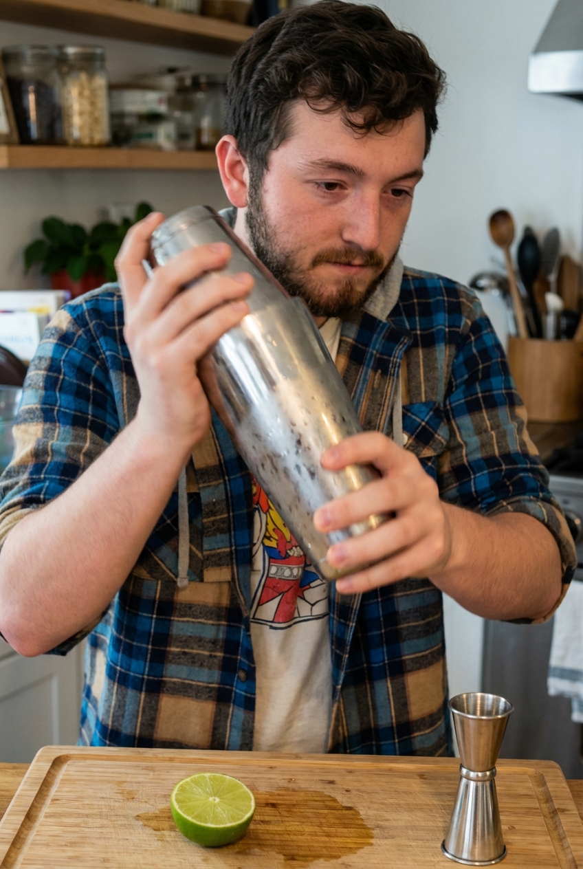 Hands shaking a stainless steel cocktail shaker with condensation forming, with a halved lime and a jigger on a wooden cutting board