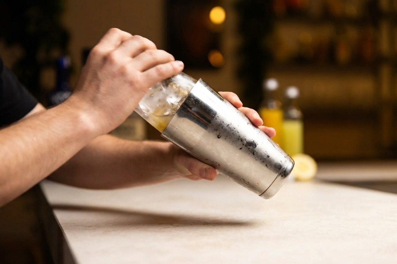 Hands shaking a stainless steel cocktail shaker with ice inside over a kitchen counter.