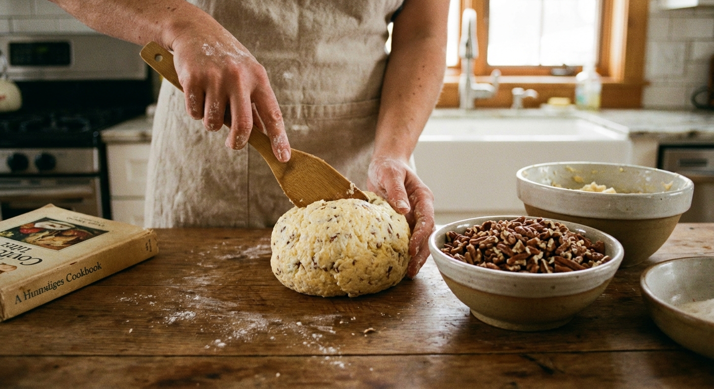 Hands shaping a cheese ball mixture with a spatula beside a bowl of chopped pecans