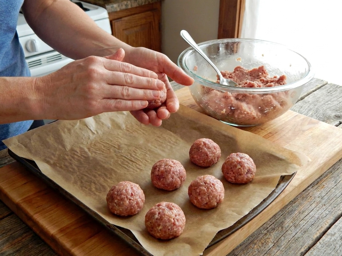 Hands shaping a ham ball mixture into round balls over a parchment lined baking sheet