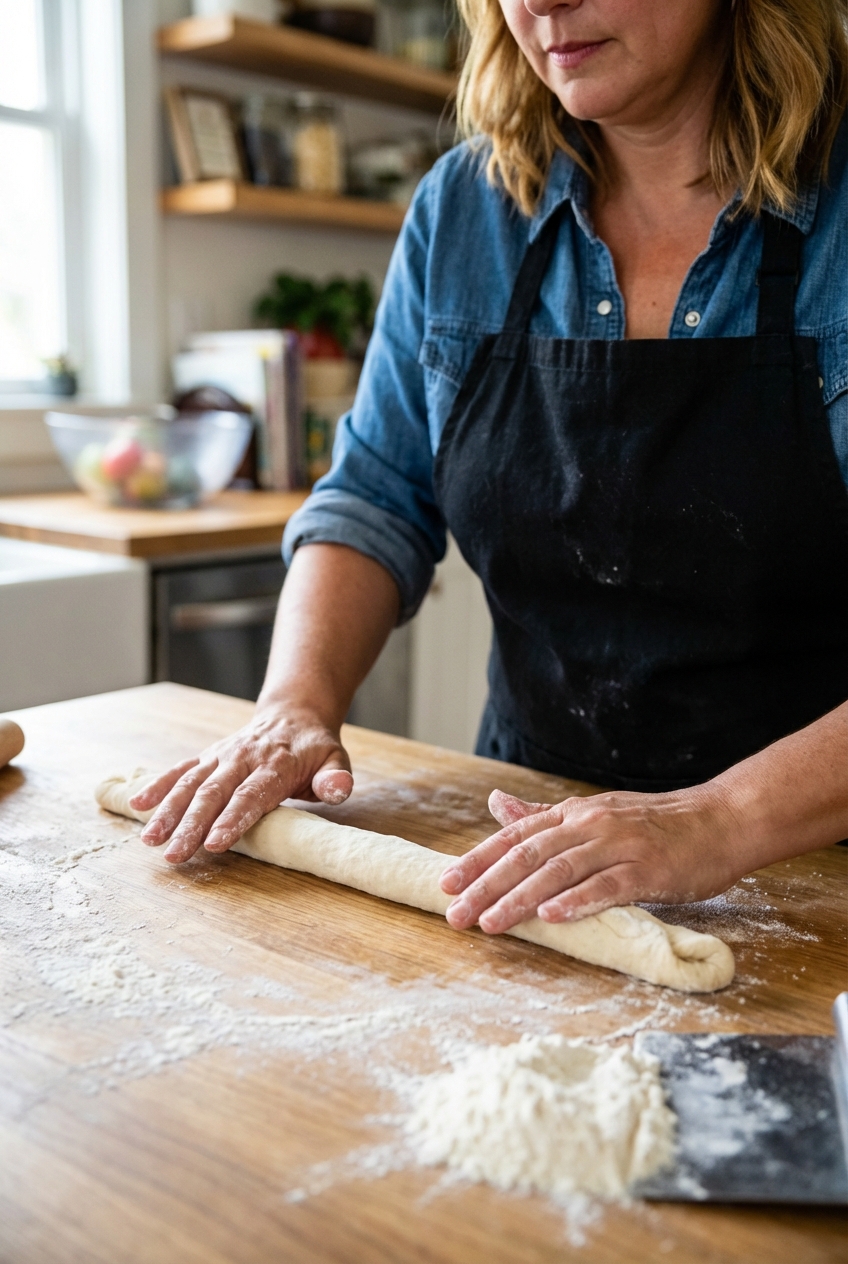 Hands shaping a long baguette dough log on a lightly floured counter