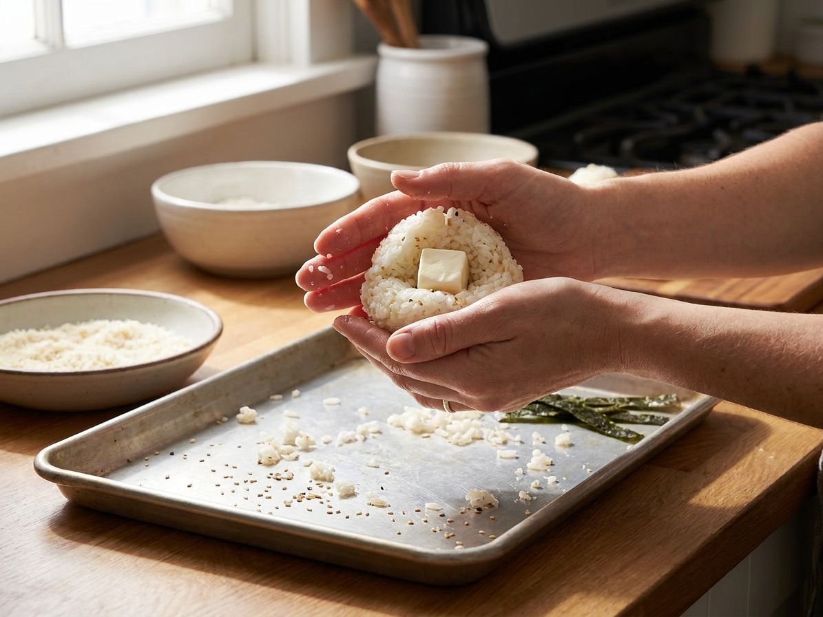 Hands shaping a rice ball around a mozzarella cube over a sheet pan in a home kitchen