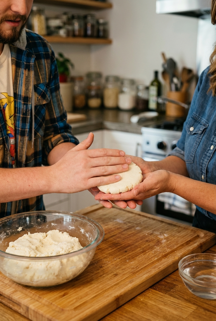 Hands shaping a round arepa patty on a cutting board next to a bowl of dough
