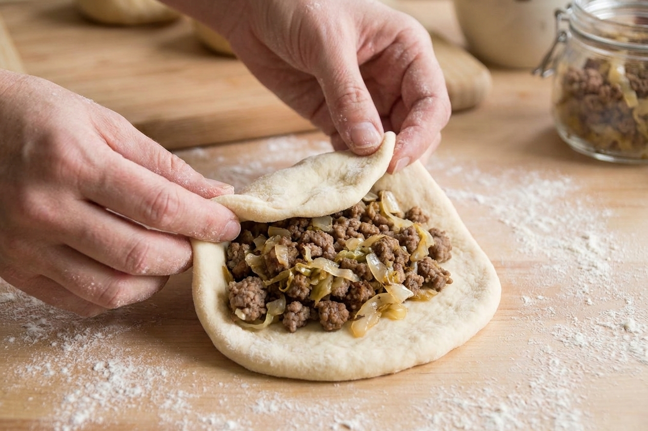 Hands shaping a round of dough on a lightly floured counter with a mound of beef and cabbage filling in the center, mid-fold