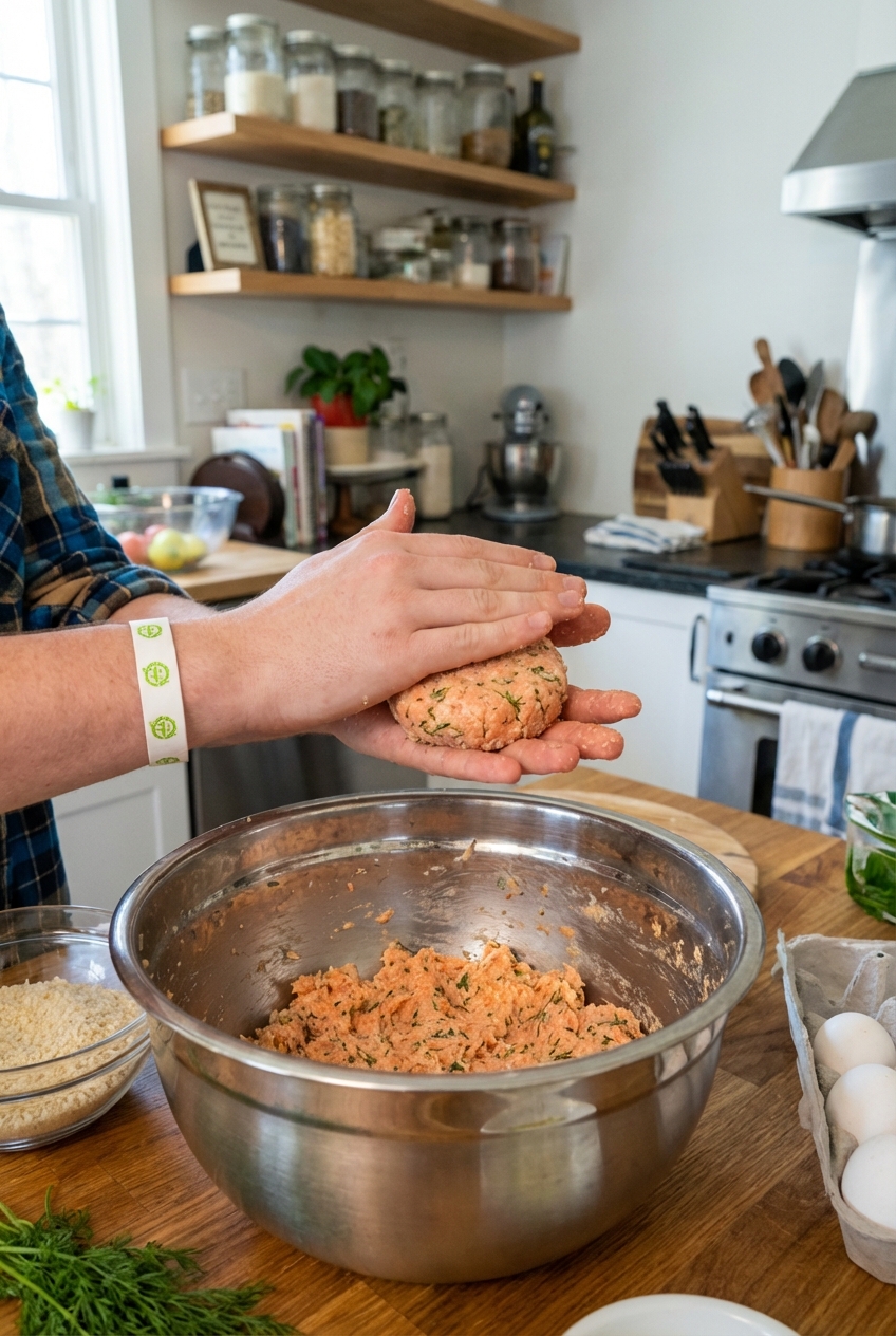Hands shaping a salmon cake patty over a mixing bowl in a home kitchen