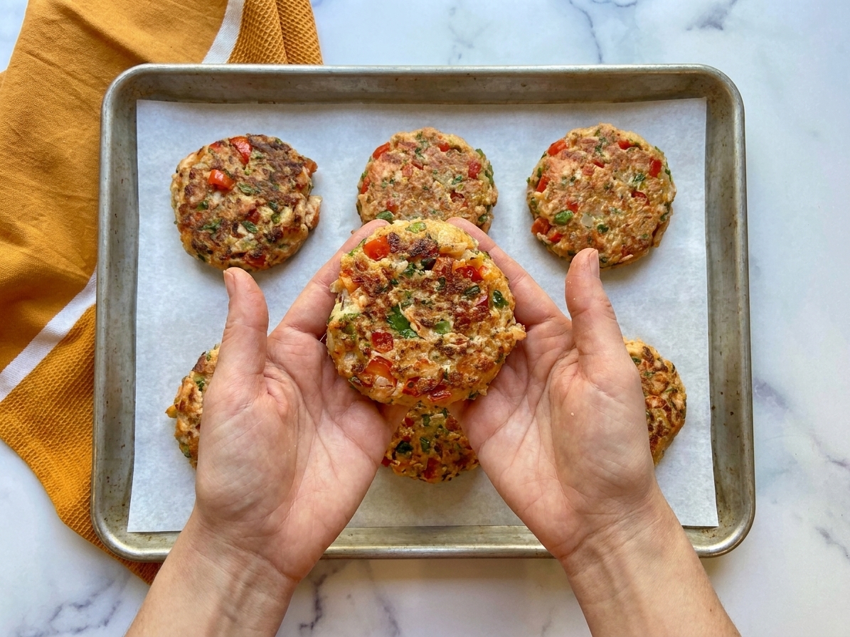 Hands shaping a salmon patty on a sheet pan lined with parchment paper.