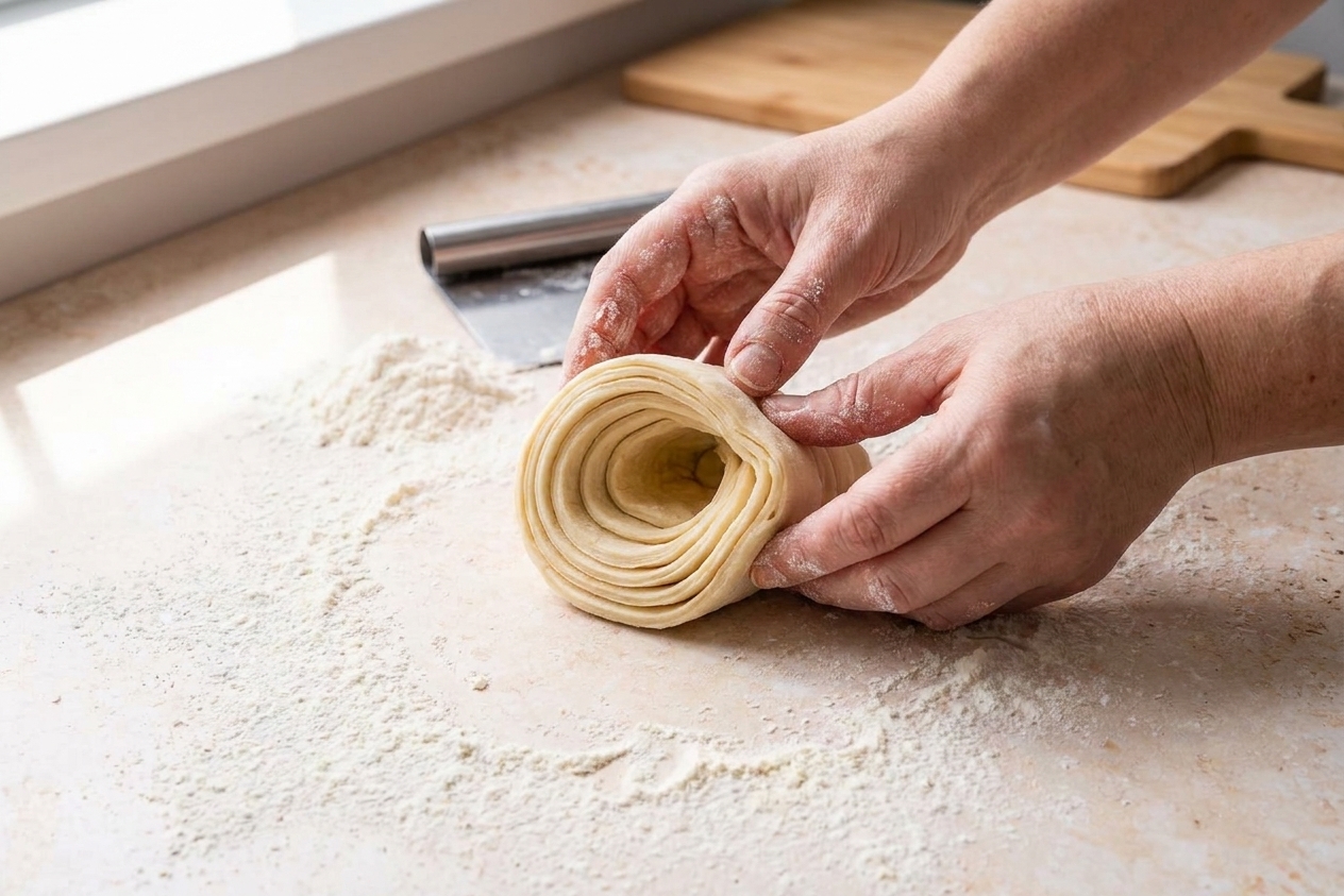 Hands shaping a sliced sfogliatelle dough spiral into a shell with visible layers on a floured counter