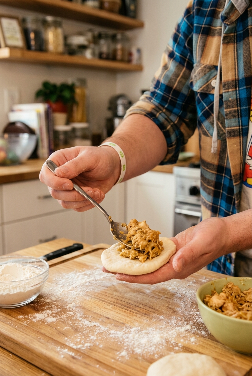 Hands shaping a small round bun dough circle and spooning chicken filling into the center on a lightly floured cutting board