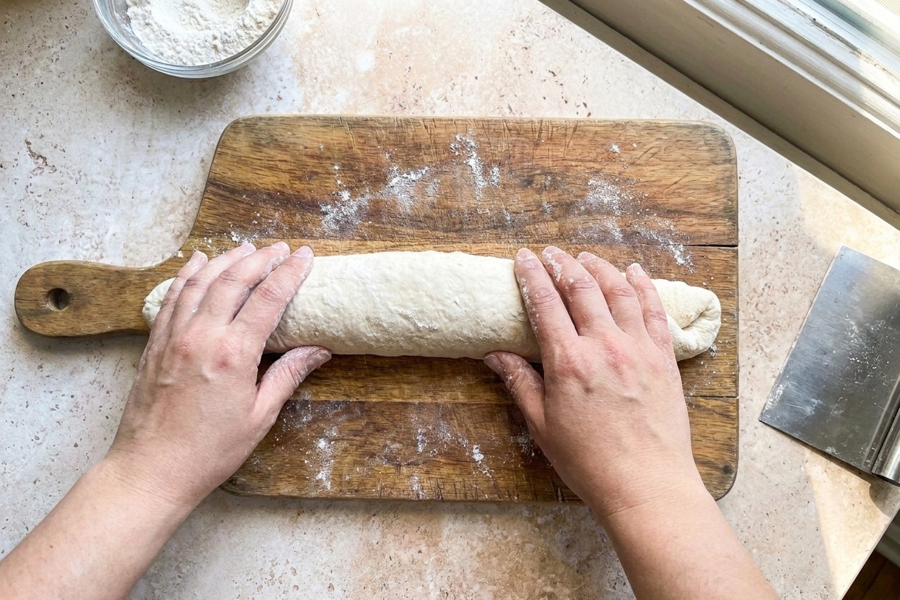 Hands shaping a sourdough baguette dough log on a lightly floured wooden countertop