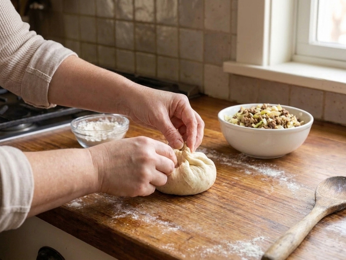 Hands shaping and sealing a stuffed dough bun on a lightly floured kitchen counter, with filling nearby