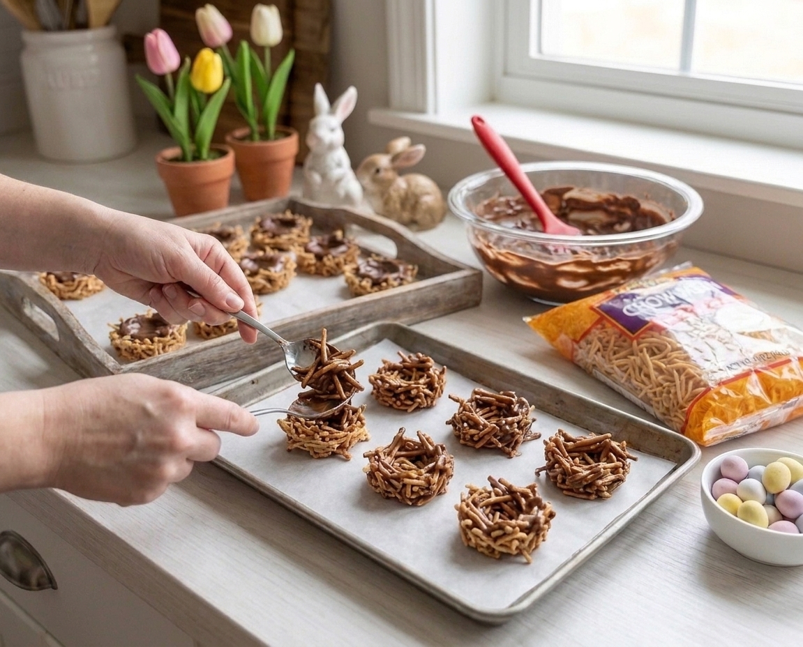 Hands shaping chocolate-coated chow mein noodles into small nest cookies on a parchment-lined baking sheet