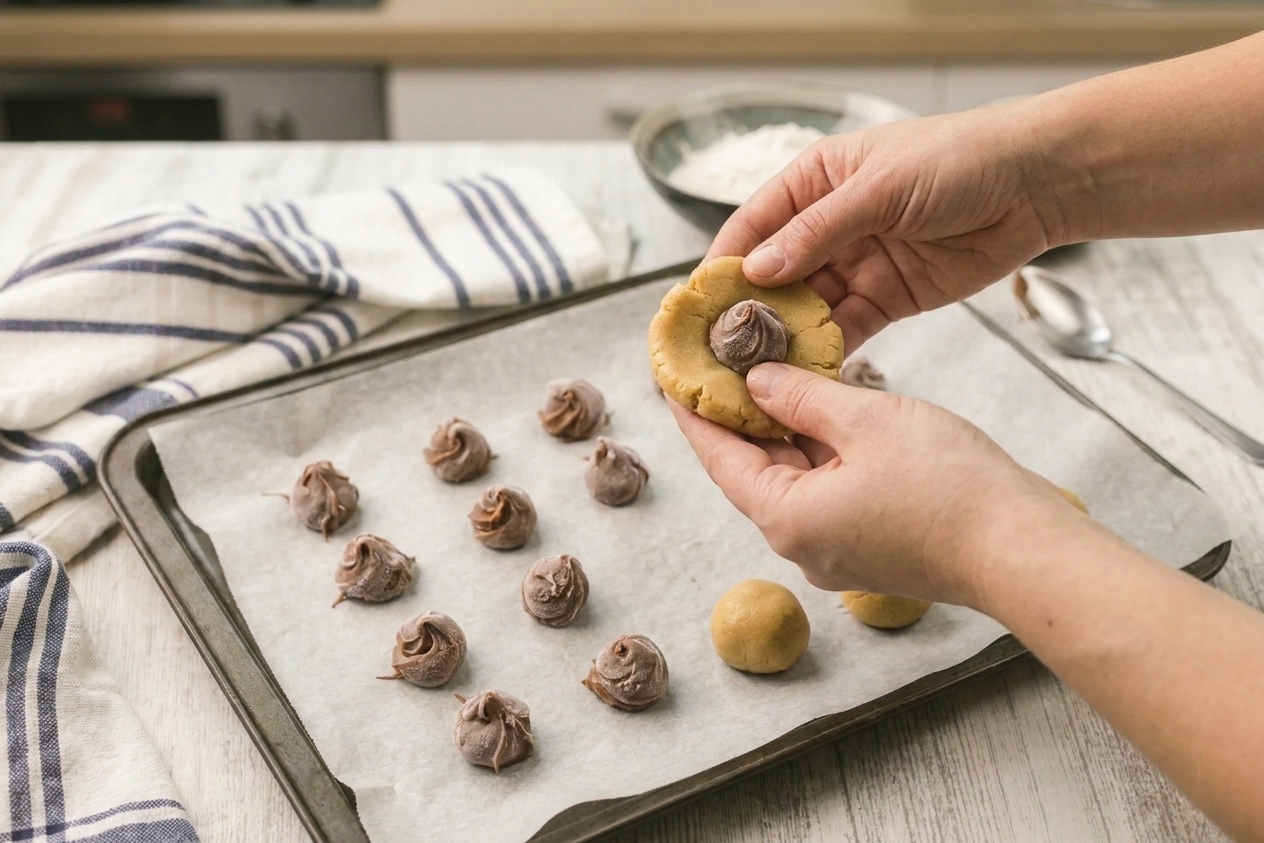 Hands shaping cookie dough around a frozen Nutella dollop on a parchment lined baking sheet on a home kitchen counter