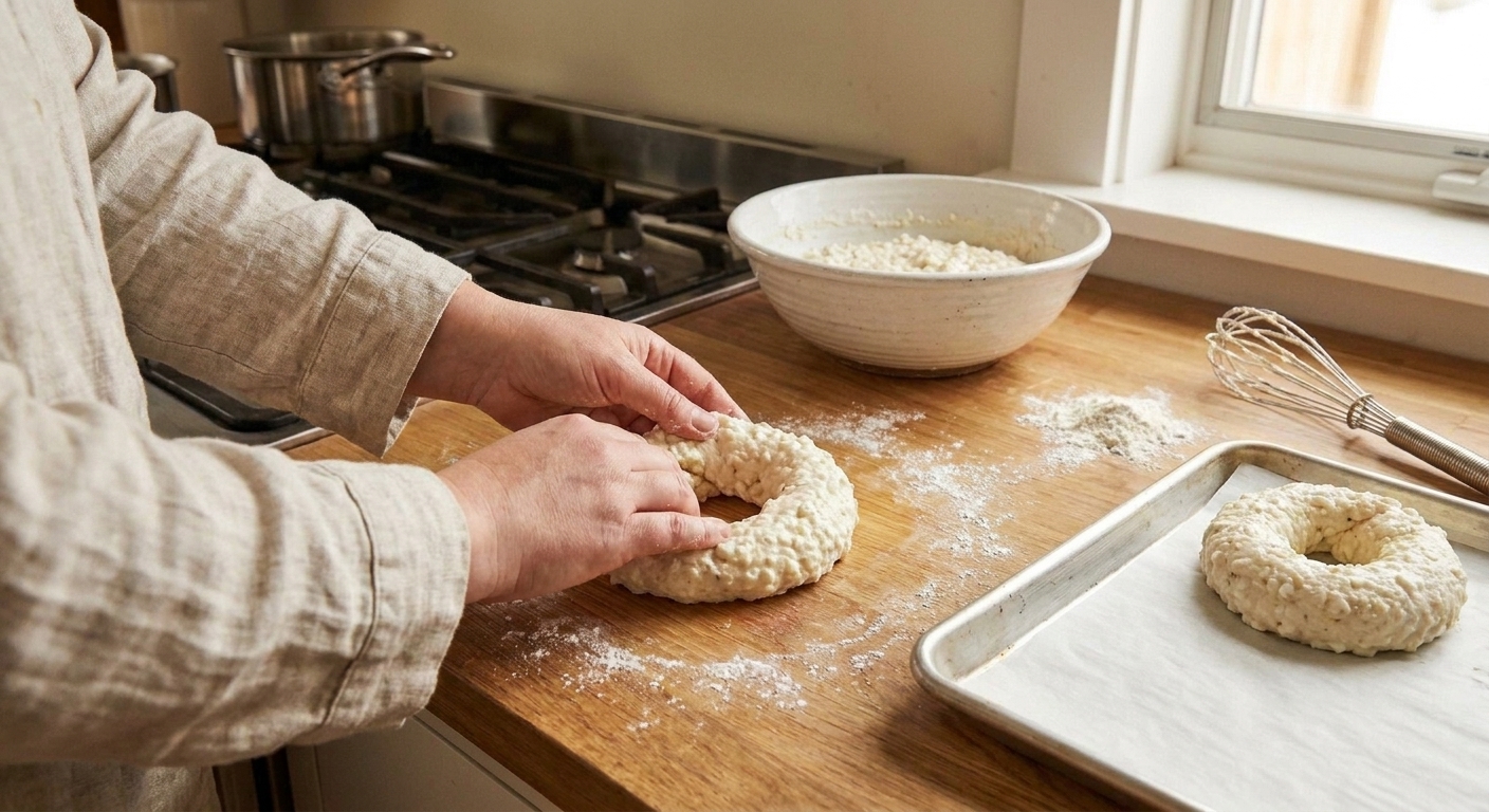 Hands shaping cottage cheese bagel dough into a ring on a lightly floured kitchen counter with a baking sheet nearby