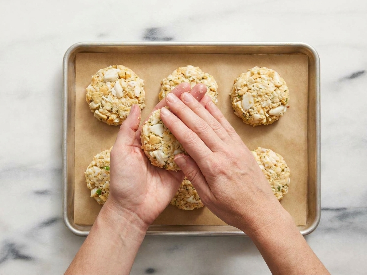 Hands shaping crab cake patties on a parchment-lined sheet pan on a bright kitchen counter
