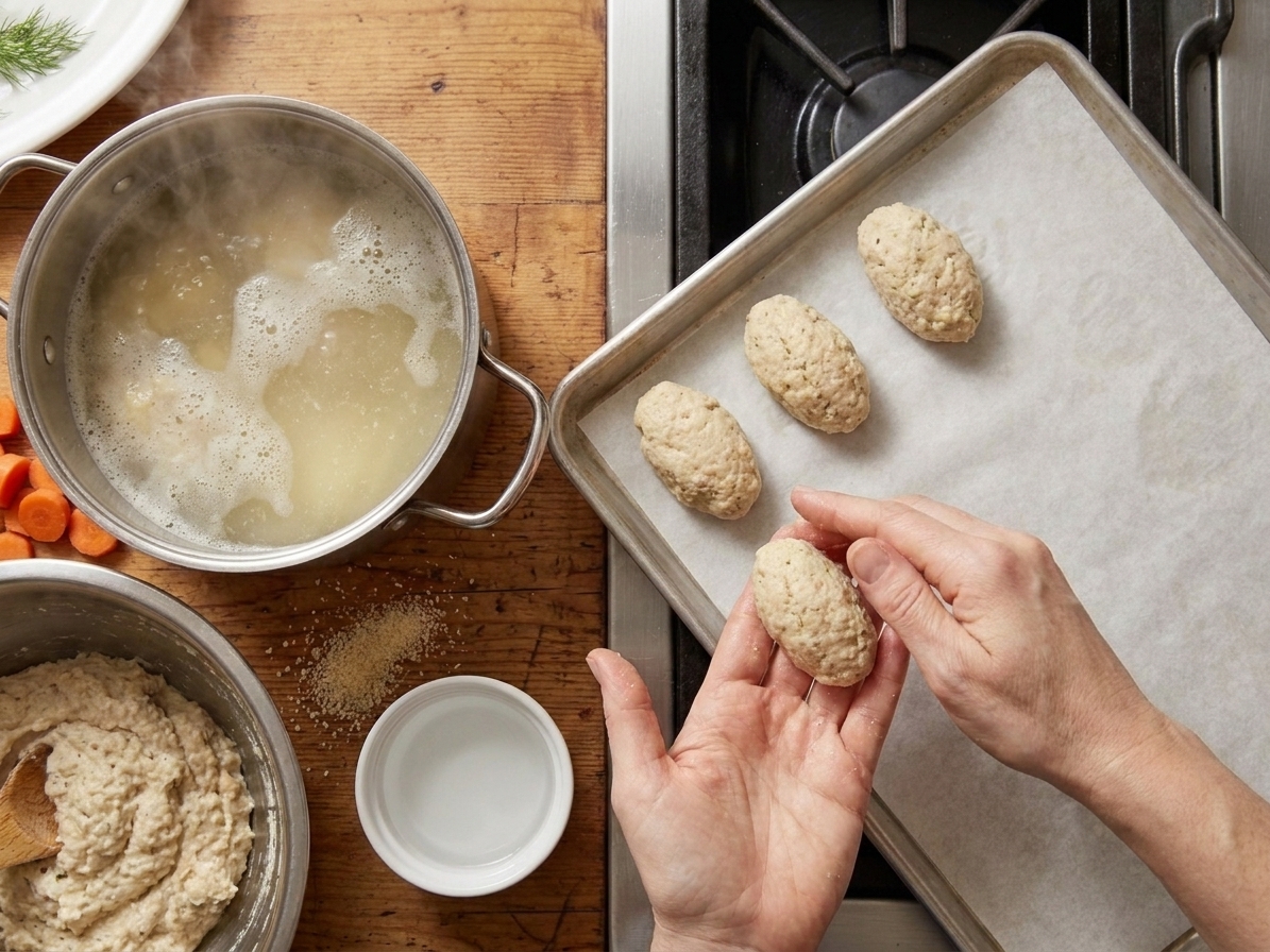 Hands shaping oval gefilte fish patties on a parchment lined tray beside a pot of simmering broth on the stove