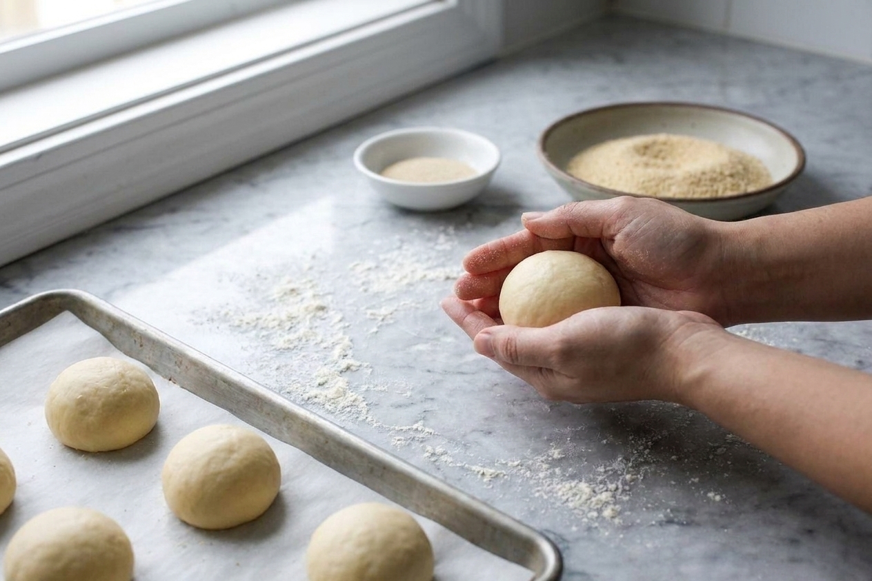 Hands shaping pandesal dough into smooth balls on a lightly floured counter beside a parchment-lined baking sheet