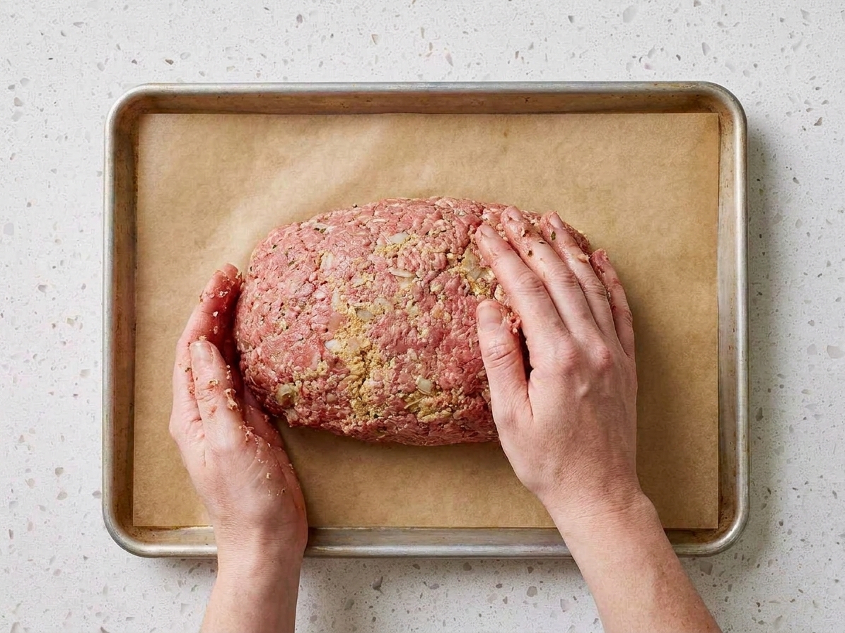 Hands shaping raw meatloaf mixture into an oval loaf on a parchment lined baking sheet