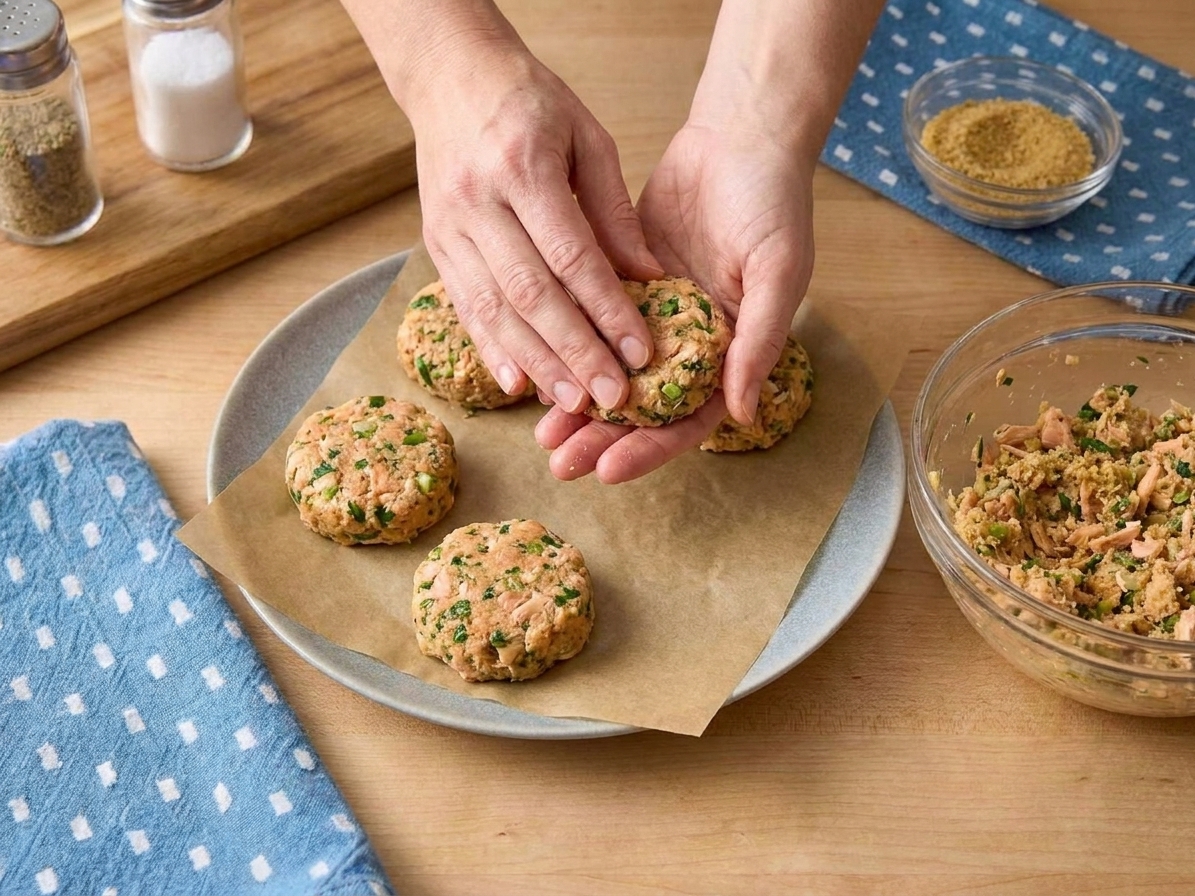 Hands shaping salmon mixture into small patties on a parchment-lined plate