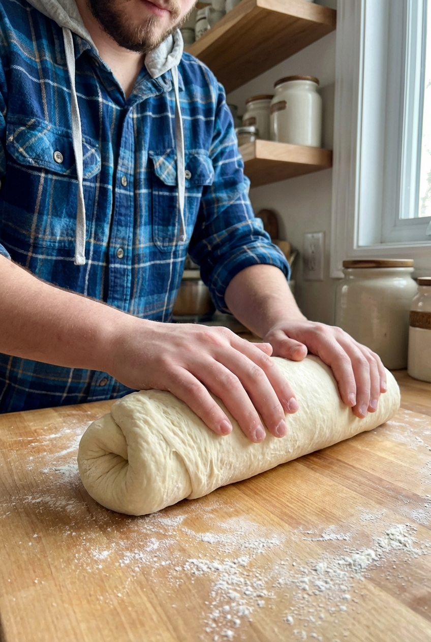 Hands shaping sandwich bread dough into a tight log on a lightly floured countertop