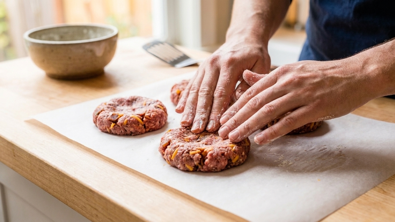 Hands shaping seasoned burger patties on parchment paper on a kitchen counter, with a small indentation pressed into the center of each patty