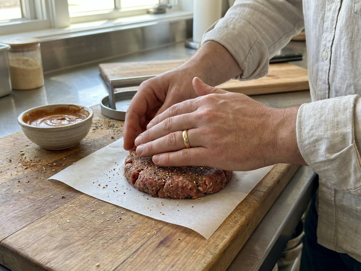 Hands shaping seasoned ground beef into burger patties on parchment paper on a kitchen counter