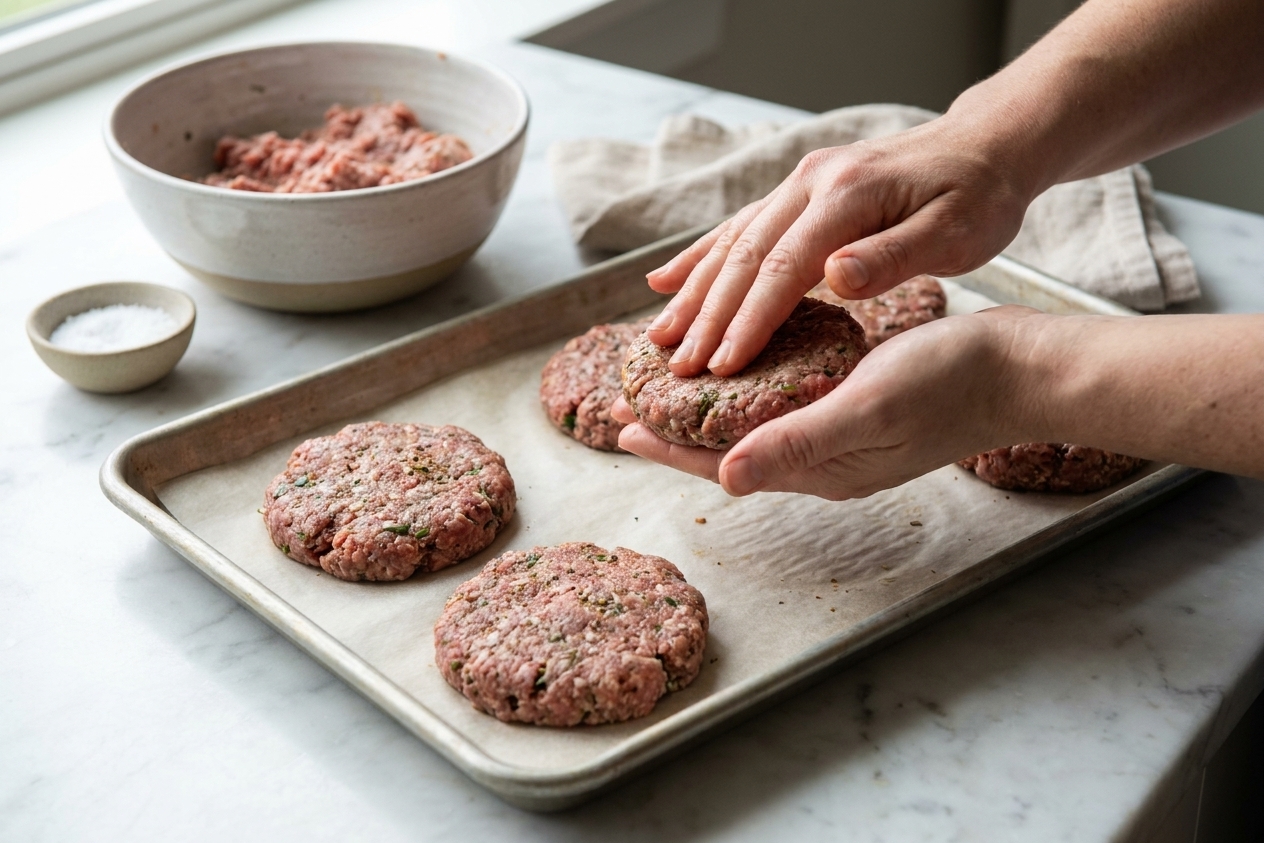 Hands shaping seasoned ground lamb into burger patties on a parchment-lined sheet pan in a home kitchen