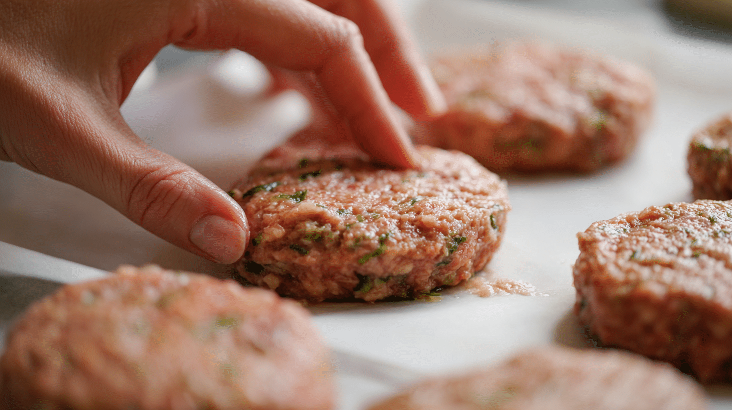 Hands shaping seasoned ground turkey mixture into burger patties on a parchment-lined baking sheet