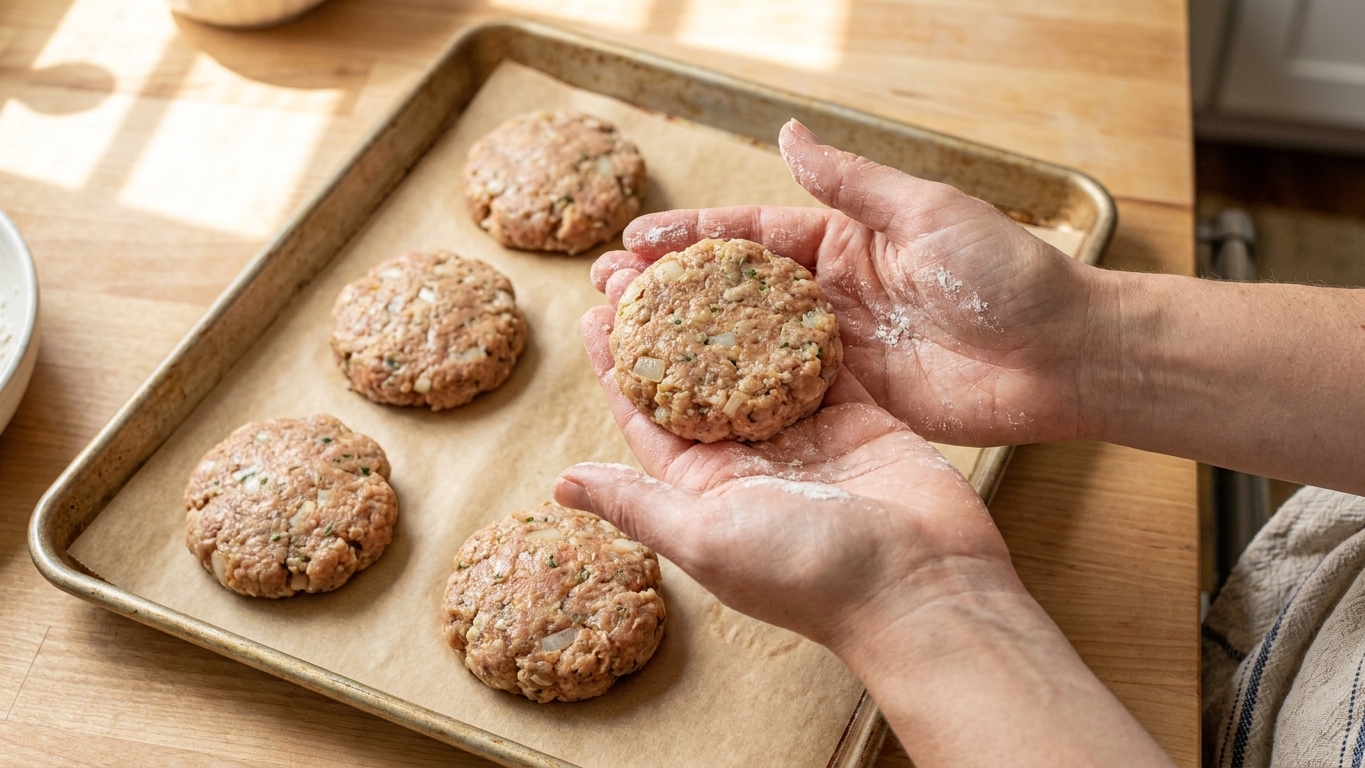 Hands shaping seasoned ground turkey mixture into burger patties on a parchment-lined sheet pan in a home kitchen