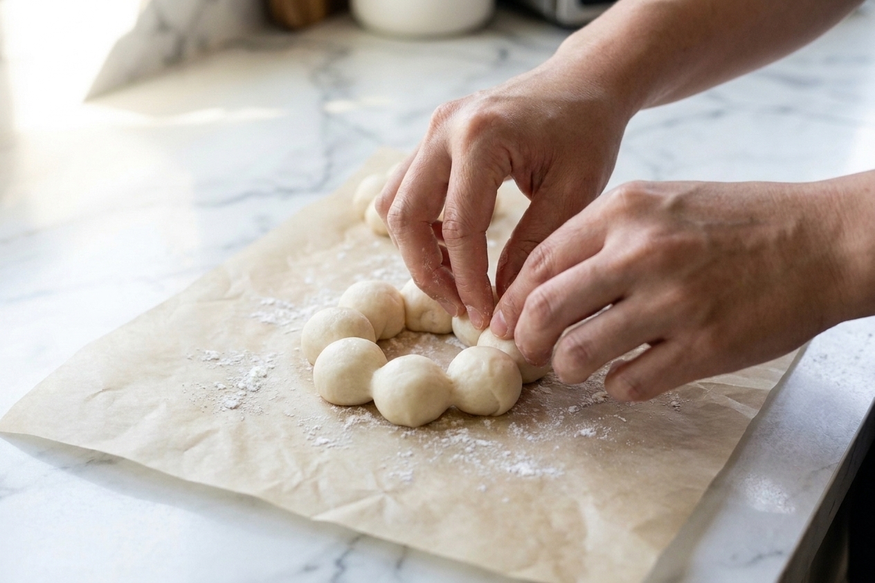 Hands shaping small dough balls into a pon de ring circle on parchment paper on a kitchen counter