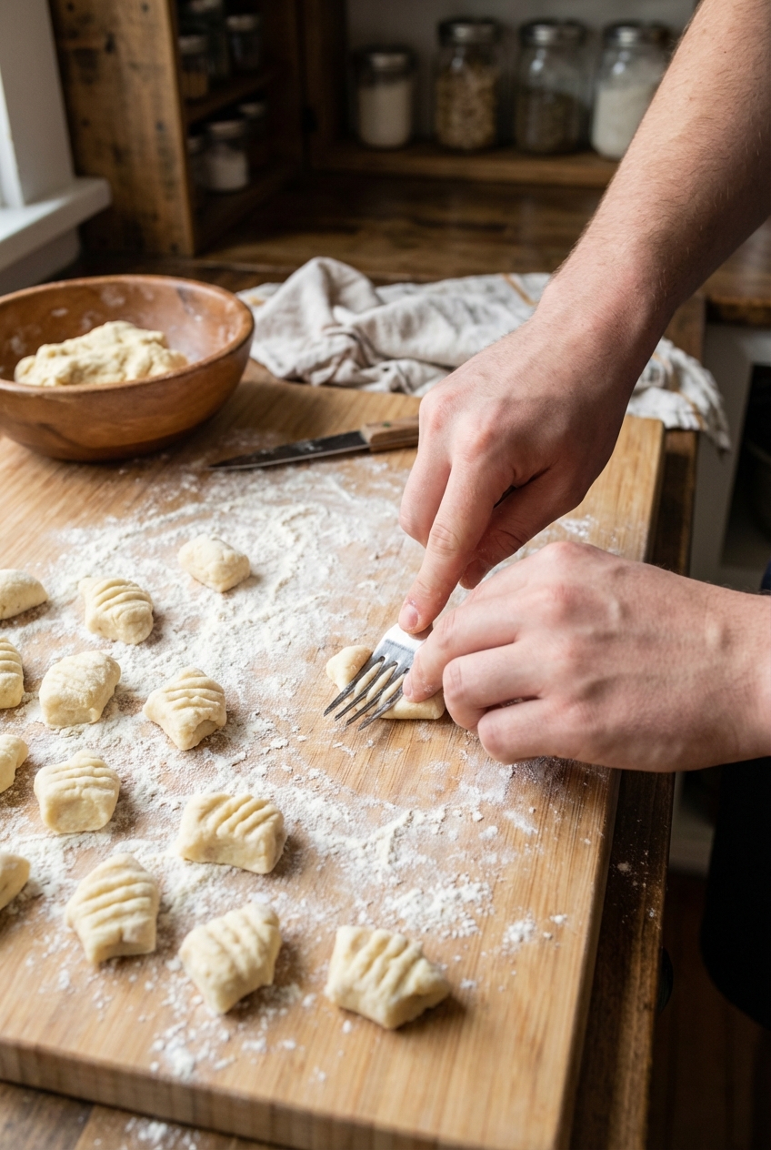 Hands shaping small pieces of gnocchi dough on a floured wooden cutting board