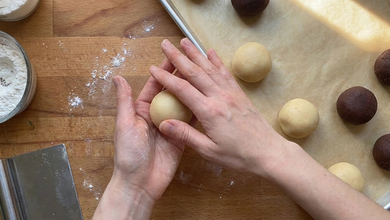 Hands shaping smooth dough balls on a lightly floured kitchen counter with a baking sheet nearby