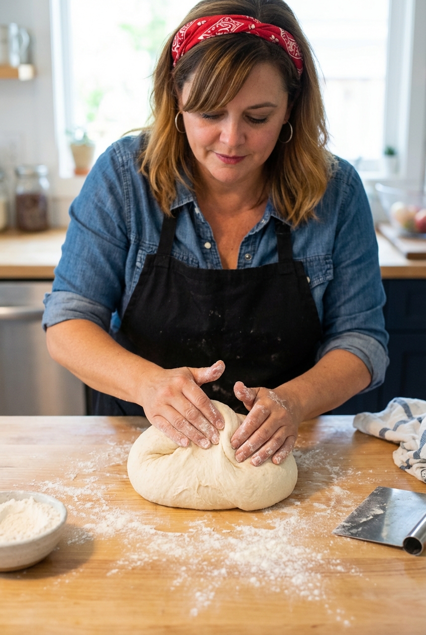 Hands shaping soft bread dough on a lightly floured countertop