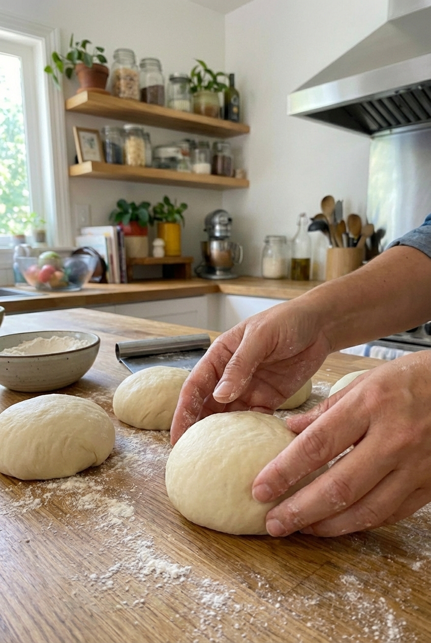 Hands shaping soft dough into smooth rounds on a lightly floured countertop