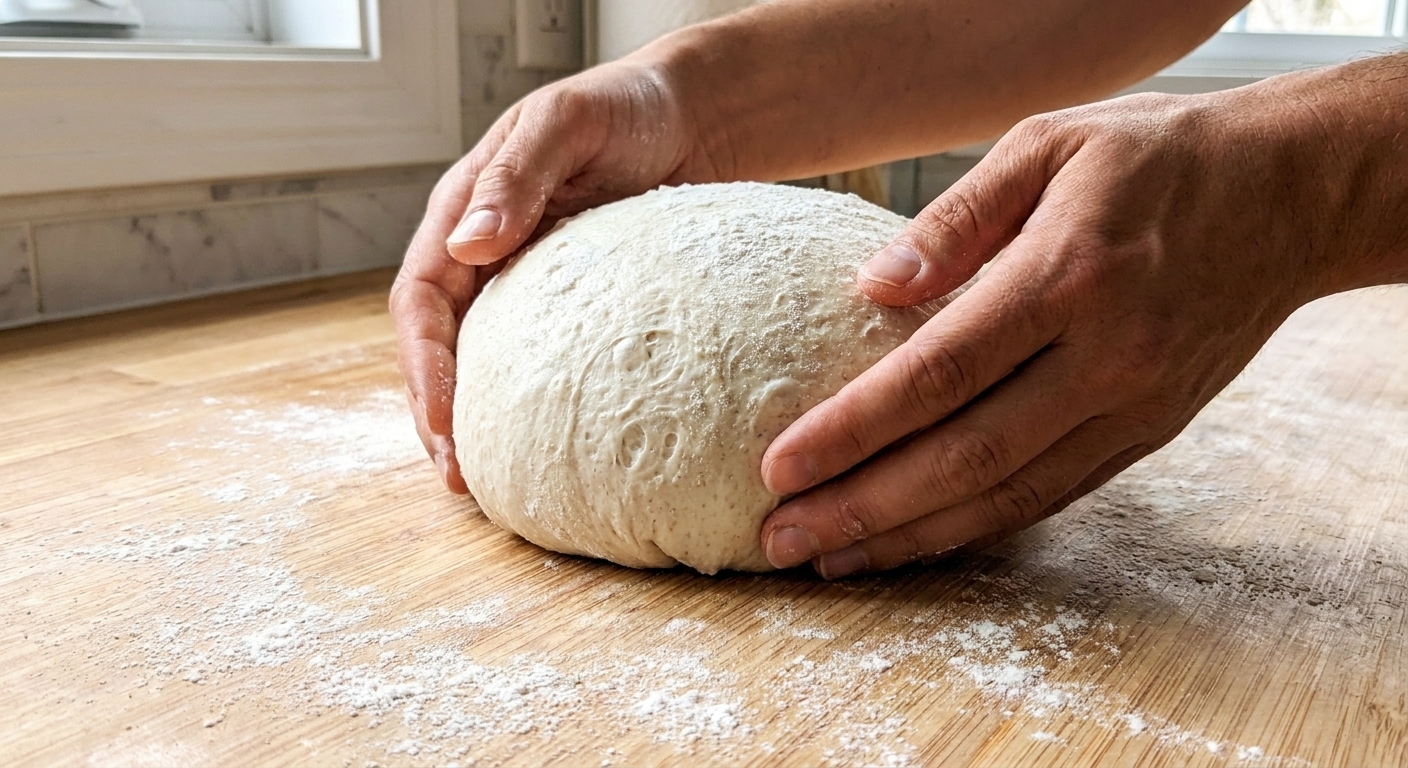 Hands shaping sourdough dough into a tight round on a lightly floured wooden counter