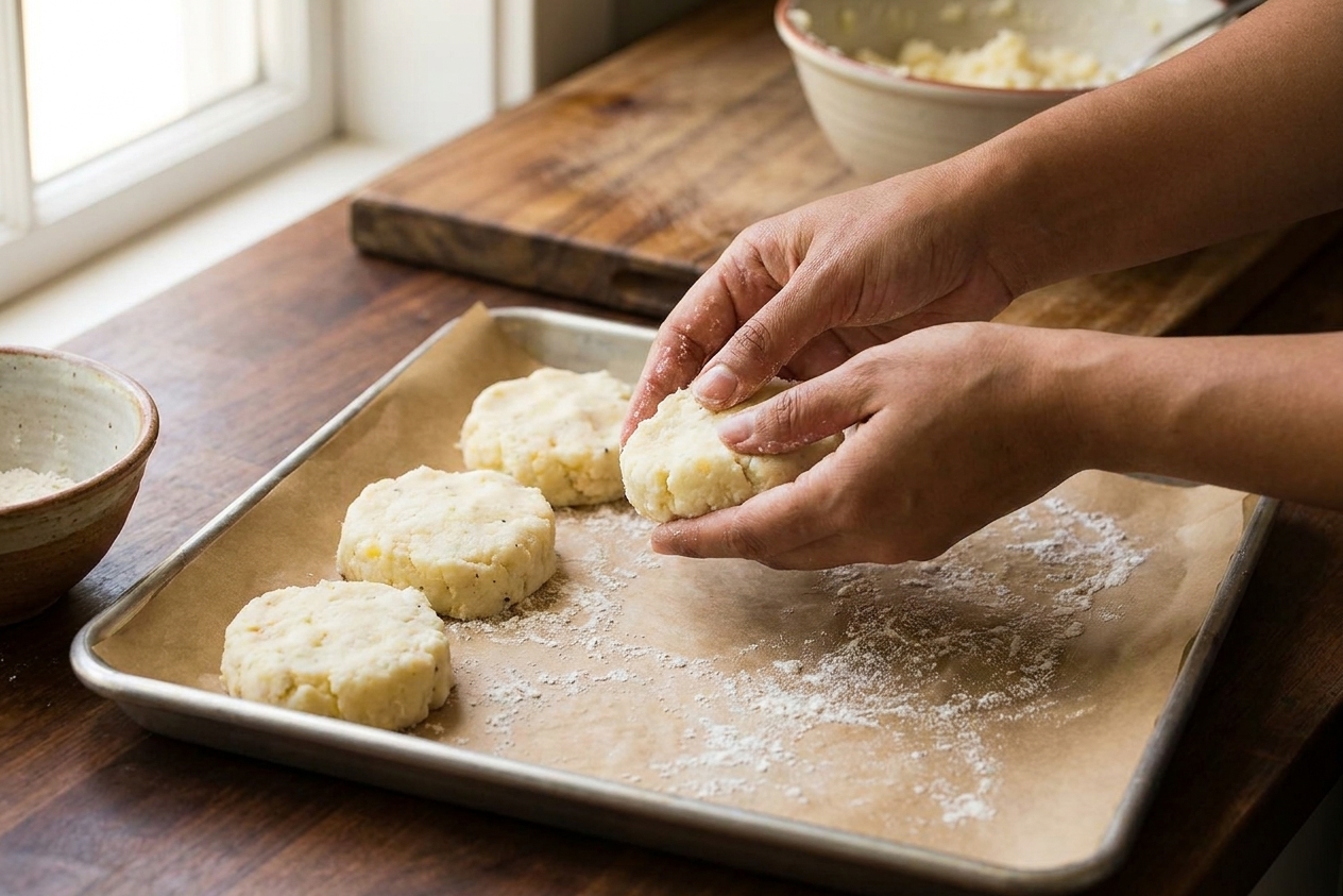 Hands shaping thick patties of mashed potato mixture on a parchment-lined sheet pan in a warm home kitchen