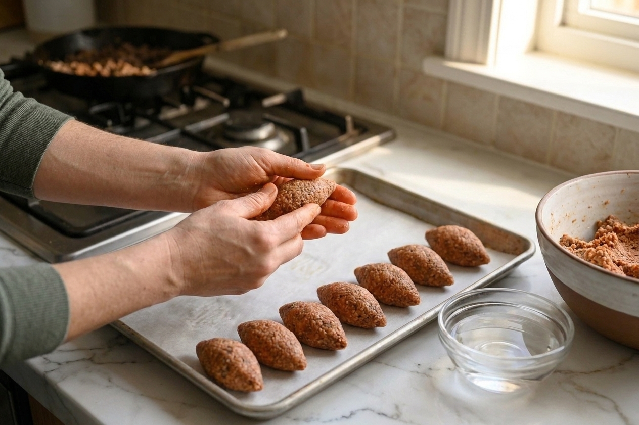 Hands shaping torpedo shaped kibbeh on a parchment lined sheet pan, several finished pieces lined up neatly