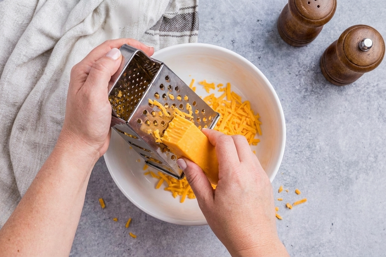 Hands shredding a block of sharp cheddar on a box grater over a bowl on a clean kitchen counter