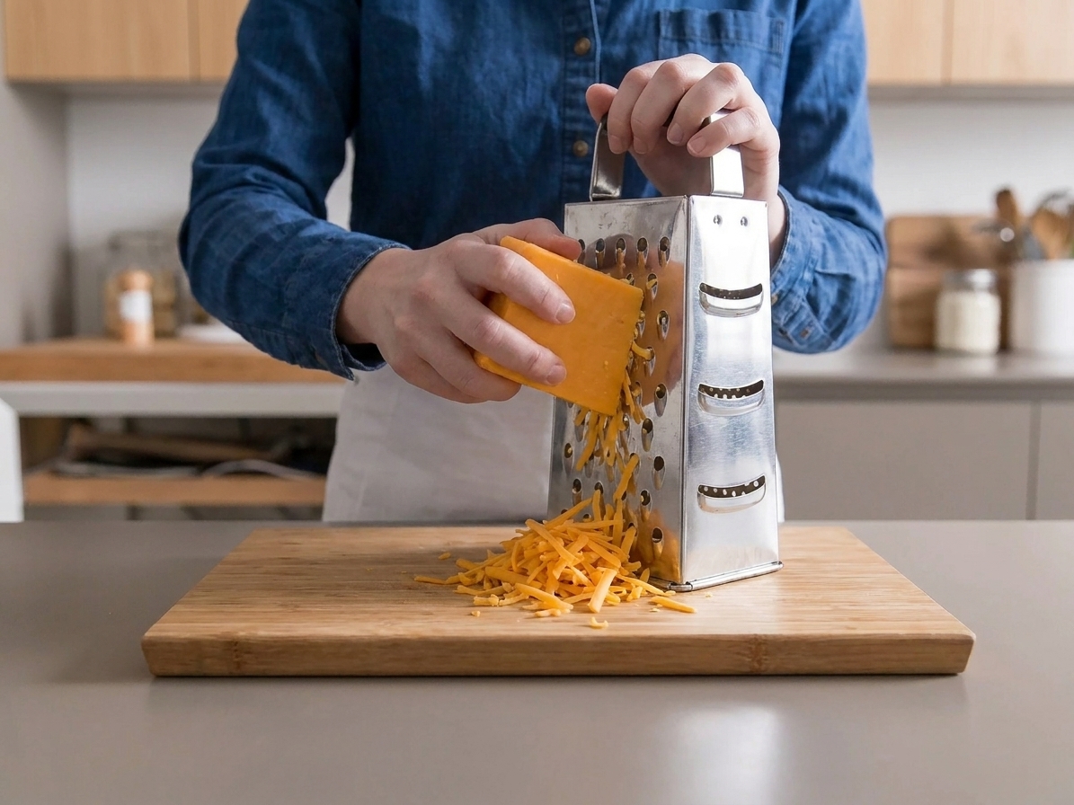 Hands shredding a block of sharp cheddar on a box grater over a cutting board on a kitchen counter