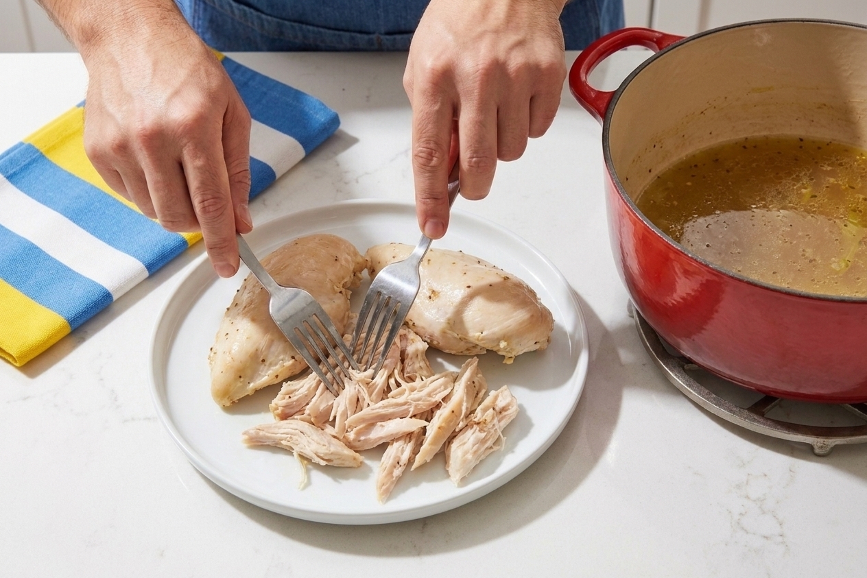 Hands shredding cooked chicken on a plate using two forks on a kitchen counter