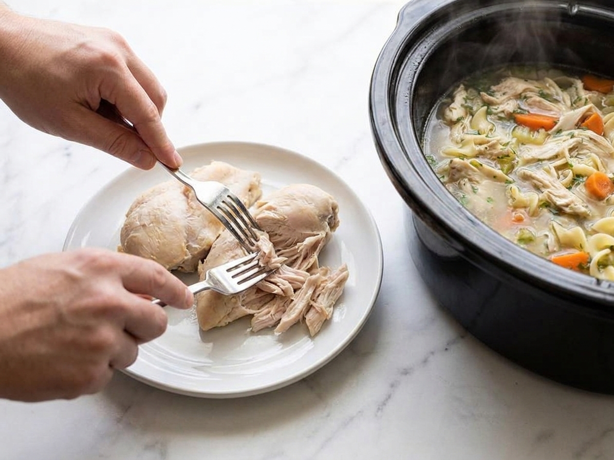 Hands shredding cooked chicken with two forks on a white plate next to a slow cooker
