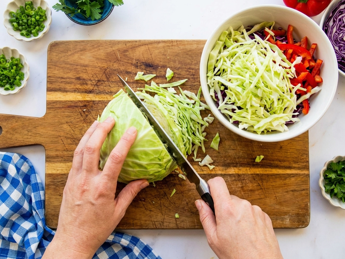 Hands shredding green cabbage with a chef’s knife on a wooden cutting board, with a bowl of shredded cabbage nearby