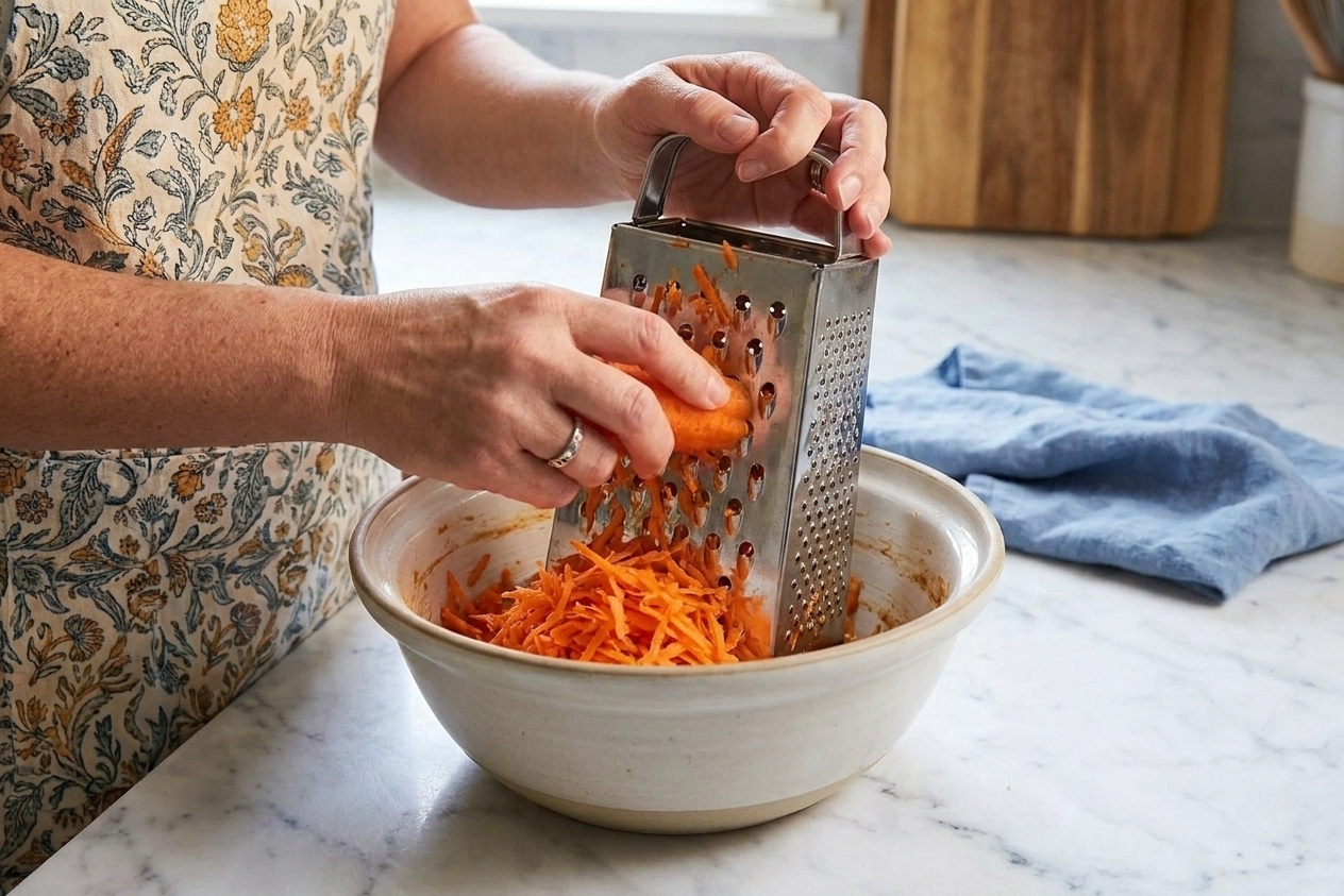 Hands shredding peeled carrots on a box grater over a bowl on a bright kitchen counter