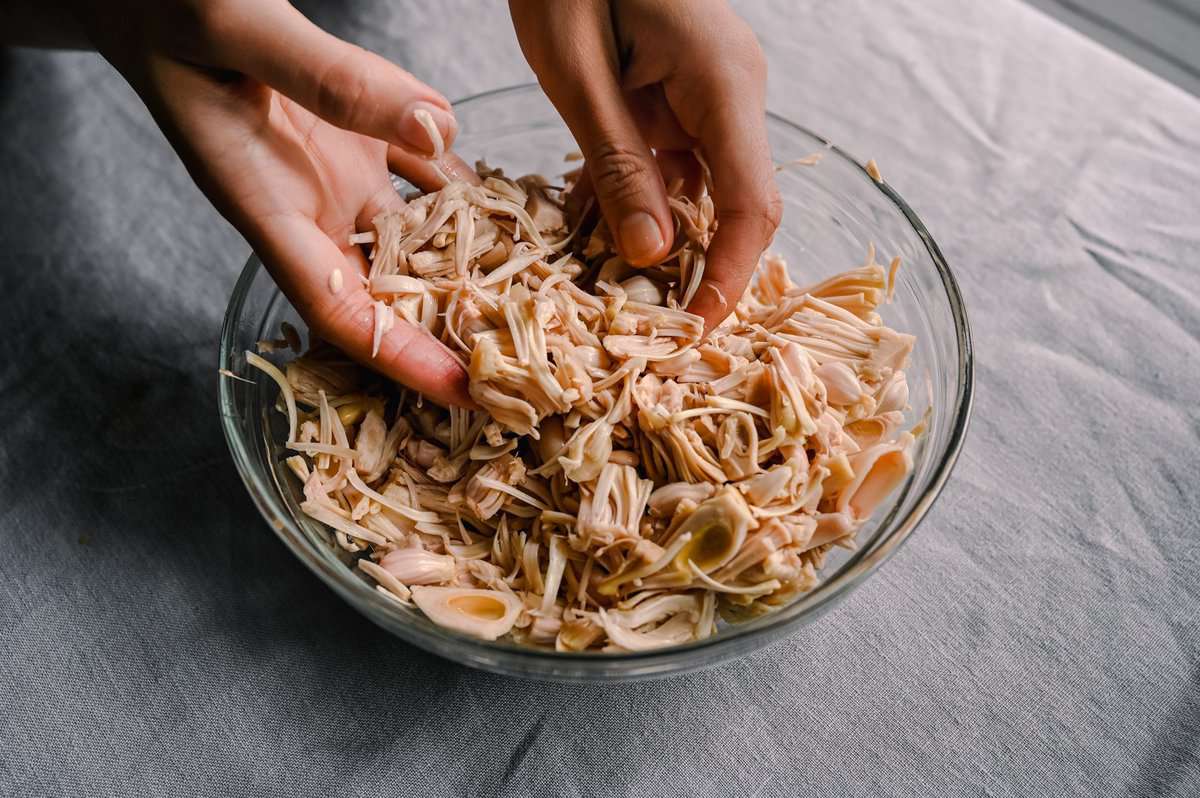 Hands shredding rinsed green jackfruit on a cutting board with a fork, with paper towels nearby on a home kitchen counter